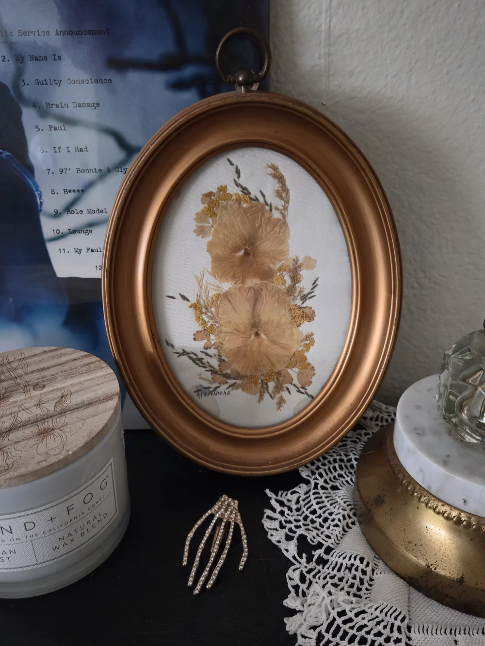 Vintage Oval Gold Framed Pressed Flower Art - Signed A. Provancha